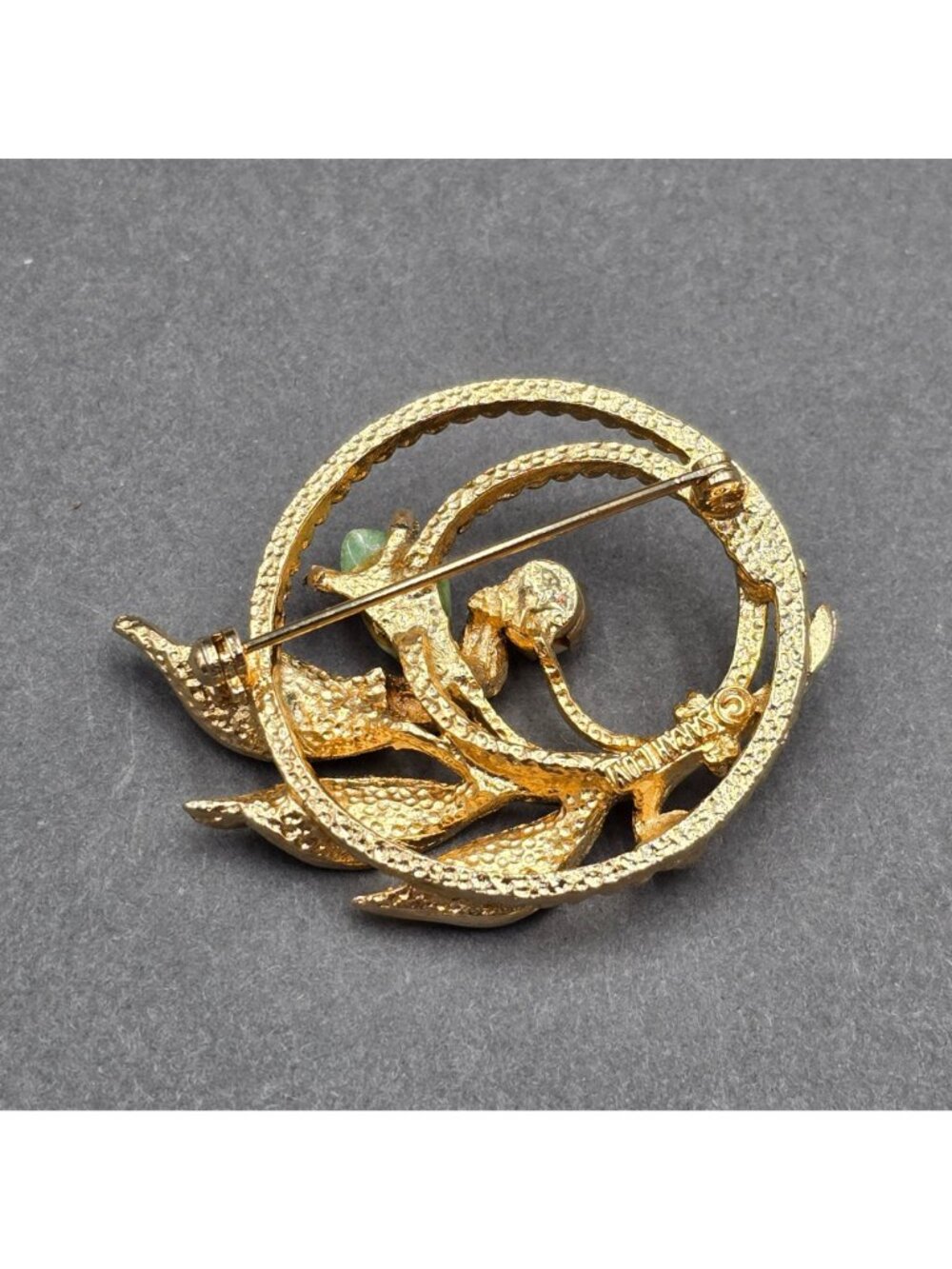 Vintage Sarah Coventry Jade Garden Brooch 2" Genuine Pearl & Jade Gold-Tone 1966 - Picture 4 of 9